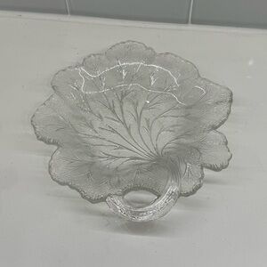 Vintage MCM 1950s Leaf Candy Dish Shallow Clear Pressed Glass with Handle